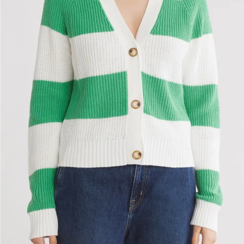 Varsity Cardigan Design History Green and White Striped Women's Sweater